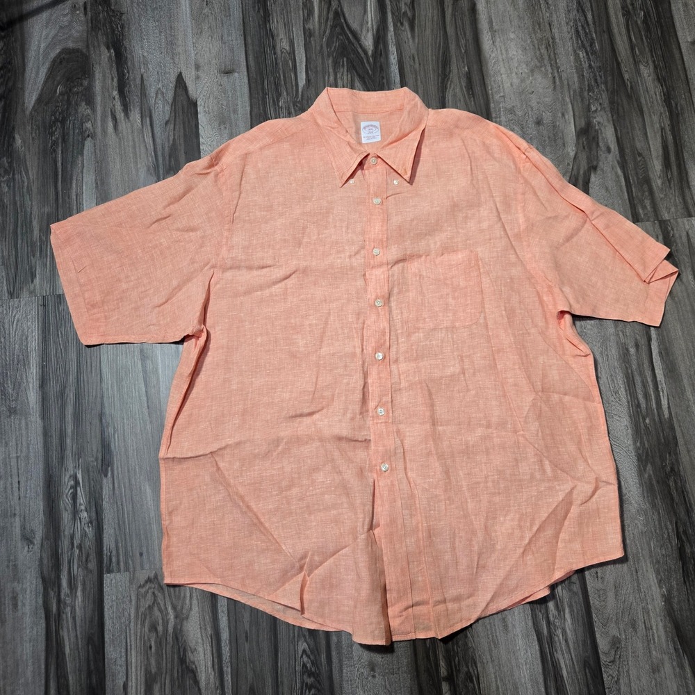 Brooks Brothers 346 Mens XXL Peach 100% Linen Short Sleeve Button Down Shirt